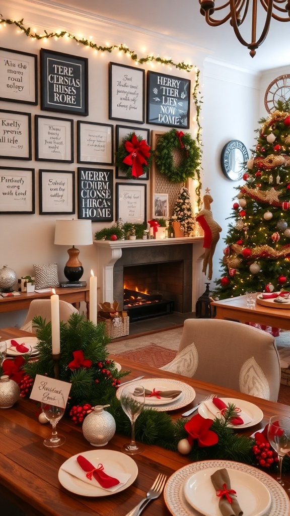 A cozy Christmas living room with framed quotes, a festive table setting, and a decorated Christmas tree.
